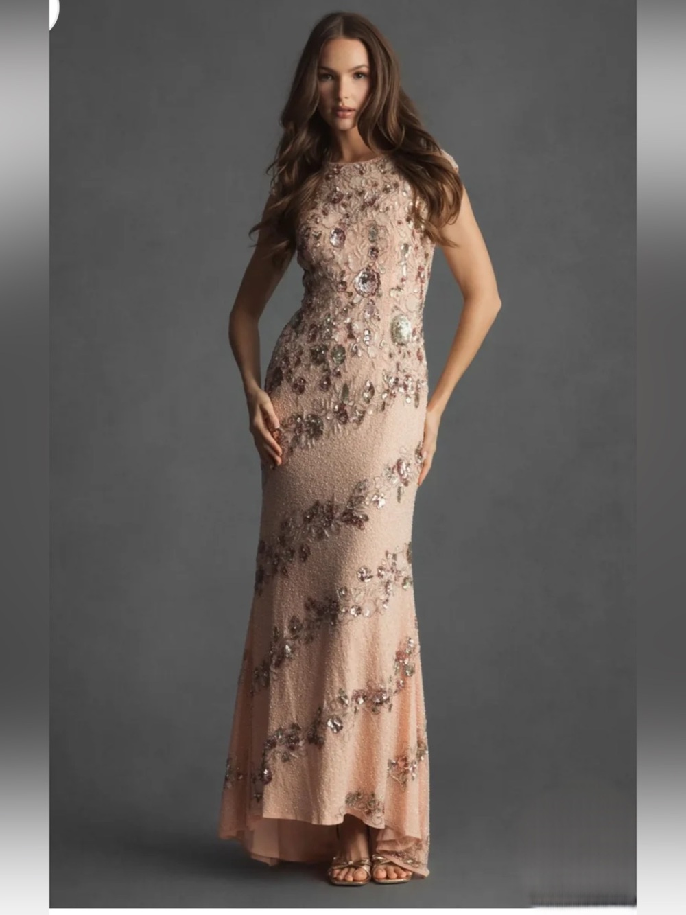 NWT Mac Duggal Pink/ Blush/Nude Floral Embellished 5500 Cap Sleeve Column Gown 6